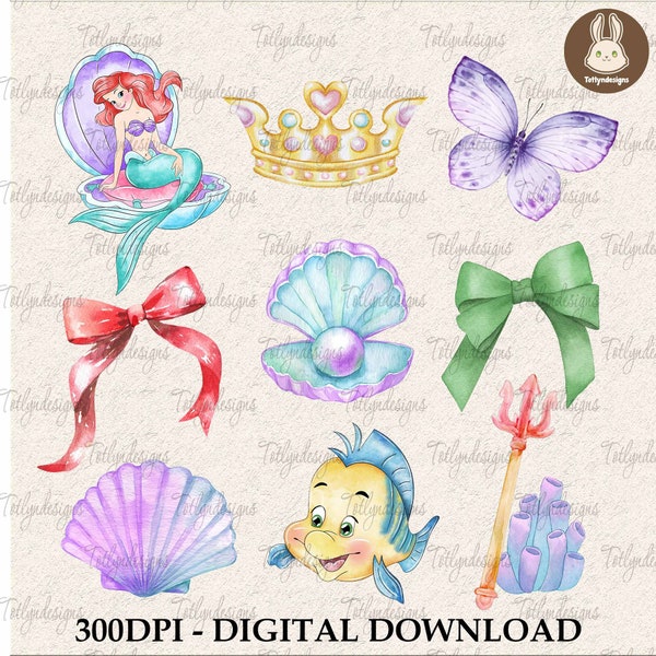 Mermaid Princess Cartoon Png, Red Hair Princess Png, Cartoon Pink Ribbon Png, Sea Princess Png, Coquette Bow Mermaid Png, Digital Download