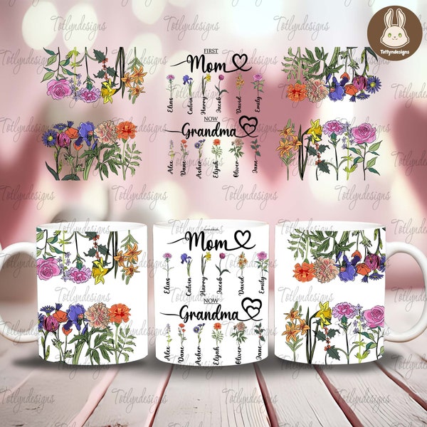 Custom First Mom Now Grandma Mug Png Floral Mug, Heart Photo Template for Sublimation, Mother's Day Custom Gift, Happy Mother’s Day