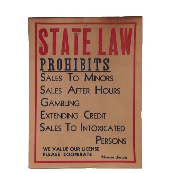 Vintage Bar Sign - State Law Prohibits Sign - Folk Art Sign - Vintage Americana