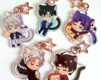 May include: A collection of clear acrylic keychains featuring anime-style characters with cat ears. Each keychain has a different character design, holding various items. The keychains have rose gold star-shaped clasps.
