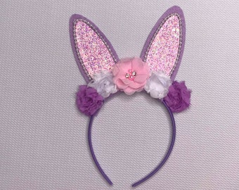 Lilac, Pink and White Easter bunny headband, Doll and me Easter bunny headband, Easter headband, Floral Bunny Ears, 18" doll headband    '