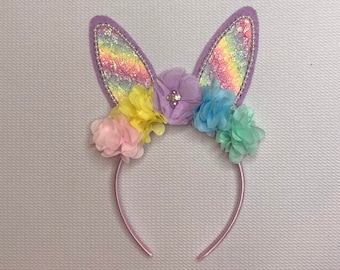 Pastel Colors Easter Bunny Ears headband, Dolly and me bunny ears headband, Easter headband, Floral Bunny Ears, 18" doll headband    '