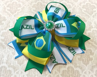 Brazil Bow- Soccer Bows- World Cup Inspired Bows- Sports Teams- Fan Bow- Team Pride- Green- Yellow- Blue- Brazil Headband- Brasil Headband