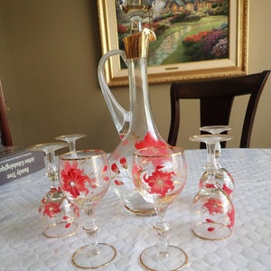 Elegant Handled 15&quot; Wine Decanter, Stopper, and 6 (Six) 6&quot; Wine Glasses Hand Painted Red Floral