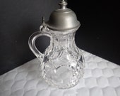 Clear Crystal Heavy Heart Cut Glass 5 1 2 quot Cruet Oil Vinegar Pitcher Metal Lid
