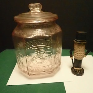 Planters Pennant Salted Peanuts Pink Depression Glass 10&quot; X 7&quot; Lidded Container Plus 8&quot; Cast Iron Mr. Peanut Figurine Bank