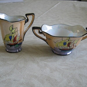Noritake Nippon Morimura Brothers 1920-1940 Orange Black Rim Lusterware Sugar Bowl & Creamer