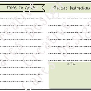 Op de afbeelding: Een witte rechthoekige planner met de tekst "FOODS TO AVOID" en "Skincare Instructions" in het zwart. De planner heeft stippellijnen om op te schrijven en een lichtgroen vak met het label "NOTES".