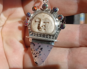 Magical Amulet.  Silver,Bone,Agate and opal. New Age