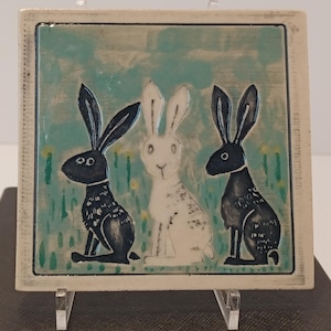 Hand Made Bunny Tile 4 Inch Ceramic