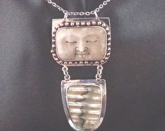 Silver, Bone, Carved face, Buddha, Abalone, Hand Made, Detailed, One of a Kind, Boho