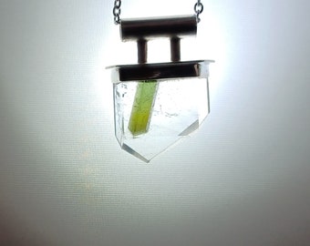 Green Tourmaline Quartz Crystal Pendant. Hand Made. One of a Kind