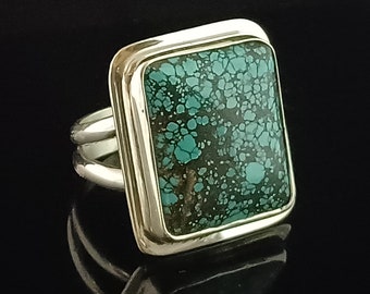 Silver and Hubei Turquoise Ring.  Stunning. Square Stone. Boho. Modern.