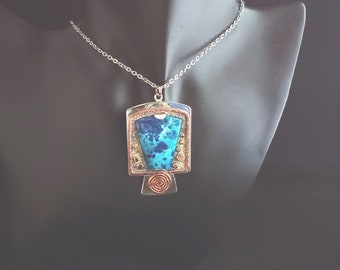 Chrysocolla Azurite Mystic Pendant, Hand Made, Silver, Gold, Copper
