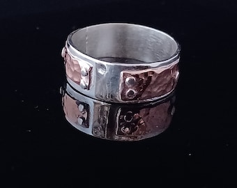Handmade Silver and Hammered Copper Rivet Band