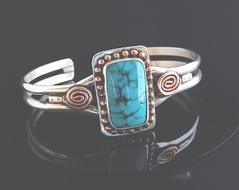 Turquoise Silver and Copper Cuff Bracelet Hand Made