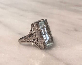 Anillo de aguamarina de oro blanco Art - Etsy