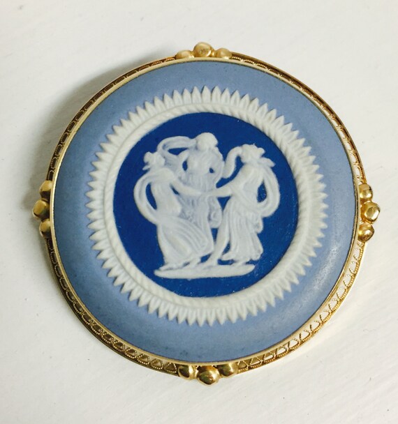 Sale!! Vintage Wedgewood Jasper Tri-Color Blue Cameo Brooch – Pendant 14K Yellow Gold - Pin