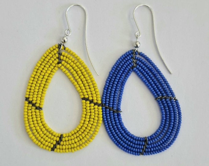 Sterling silver earrings. Ukrainian flag colours. Support Ukraine. Beadwork made in Kenya, Africa. Earrings handmade in Denmark.