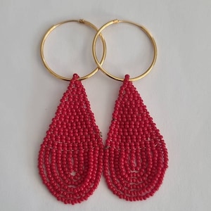 Gold plated on silver hoops. Beadwork made in Kenya, Africa. Earrings handmade in Denmark. Boho fashion. African earrings. Tribal jewelry.
