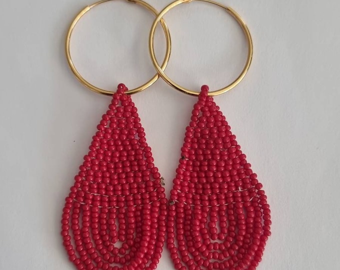 Gold plated on silver hoops. Beadwork made in Kenya, Africa. Earrings handmade in Denmark. Boho fashion. African earrings. Tribal jewelry.