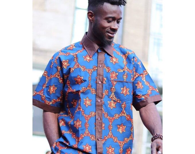 2XL. Beautiful african print unique shirt for men with matching trousers. Best quality. Waxprint cotton fabric. Handmade in Ghana.