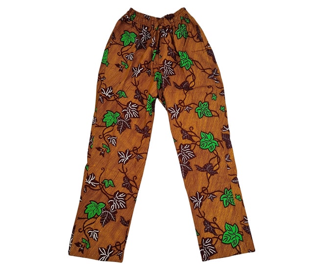All sizes. Beautiful african print trousers. Afro style pants. Waxprint cotton fabric. Handmade luxury. Ankara leaves and plants pattern.