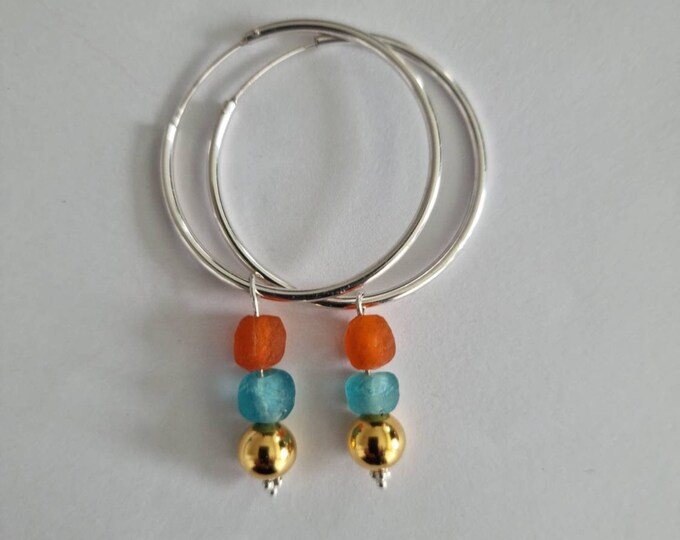 Medium hoops silver earrings.  Recycled jewelry. Recycled beads. African beads. Sustainable jewelry. Handmade in Denmark. Boho fashion.