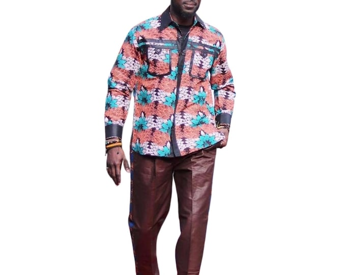 L. Beautiful african print unique shirt for men with matching trousers. Best quality. Waxprint cotton fabric. Handmade in Ghana.