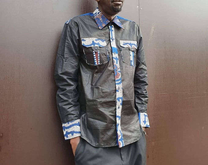 African print unique shirt for men. Best quality ankara. Black and waxprint cotton fabric. Fathers day gift for Dad. Handmade in Ghana.