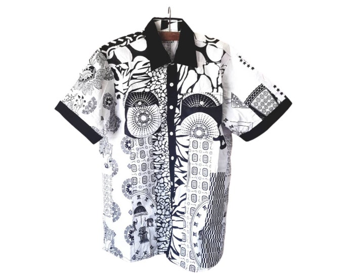 All sizes. Beautiful african print. Unique shirt for men. Black and white cotton fabric. Patchwork shirt. Handmade in Ghana.