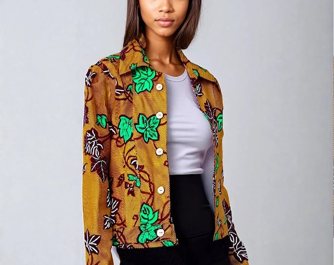 All sizes. African print jacket. Ankara fabric. Waxprint clothing. Elegant jean top. Floral pattern. Summer unisex clothing. Cotton fabric.