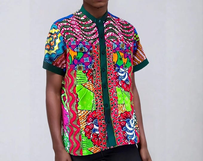 XL. Beautiful african print unique shirt for men. Best quality. Waxprint cotton fabric. Handmade in Ghana.