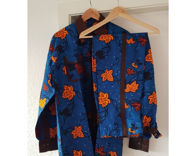 M, L. Beautiful african print unique shirt for men with matching trousers. Best quality. Waxprint cotton fabric. Handmade in Ghana.