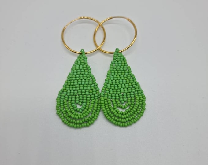 Gold plated on silver hoops. Beadwork made in Kenya, Africa. Earrings handmade in Denmark. Boho fashion. African earrings. Tribal jewelry.