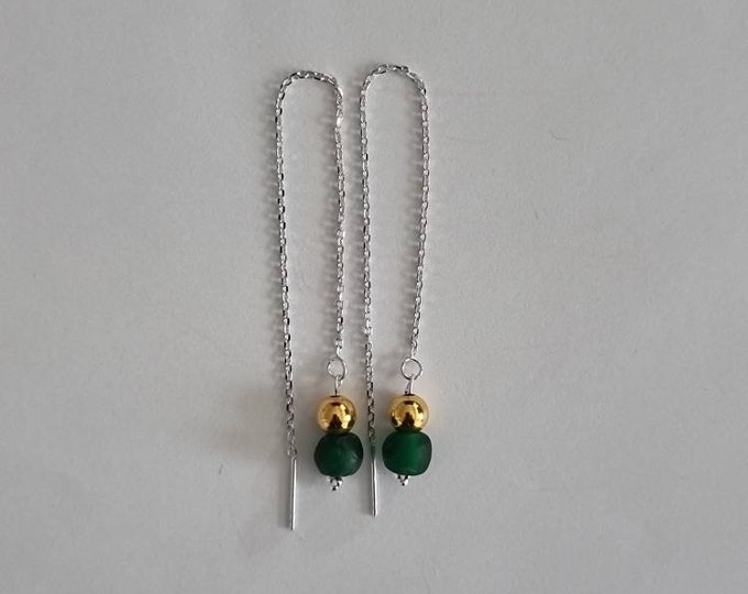 Goldfilled bead earrings. Silver chain. Recycled jewelry. Recycled african glass. Sustainable jewelry. Handmade in Denmark. Boho fashion.