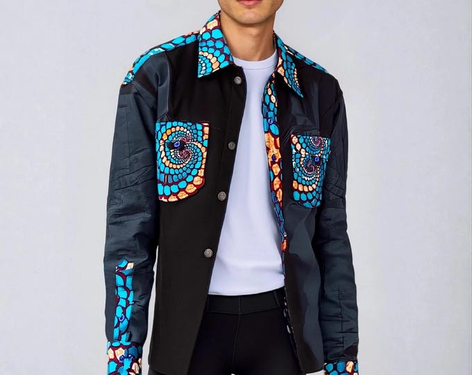 2XL, 3XL. New arrival !!! Beautiful african print unique shirt for men. Best quality. Black and waxprint cotton fabric. Handmade in Ghana.