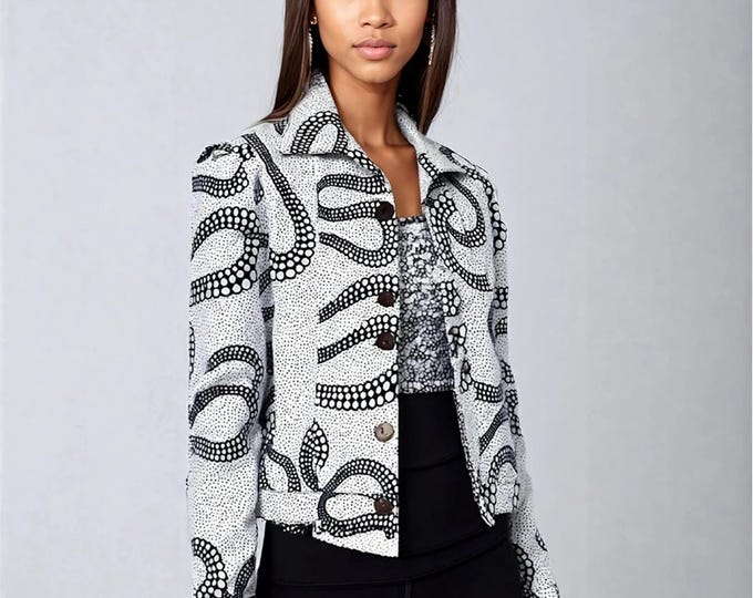 All sizes. African print jacket. Ankara fabric. Waxprint clothing. Cotton short style. Summer jean top. Black white pattern. Elegant wear.