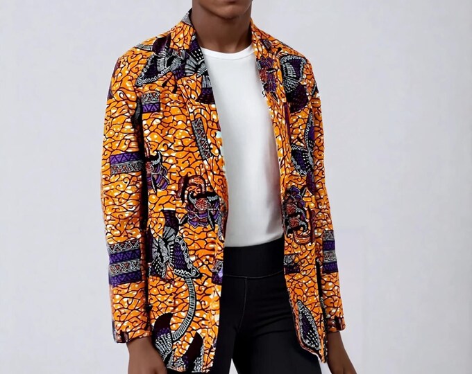 M, L. African print blazer jacket. Ankara fabric. Wax africain. Cotton batik. Men waxprint. Colourful style. Tissu afro. Made in Ghana.