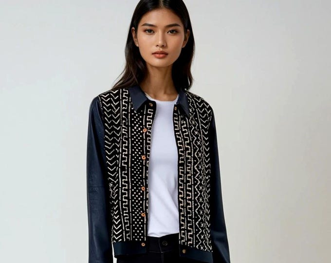 All sizes. Bogolan organic cotton jacket. Handmade mudcloth. Sustainable fashion. Natural dye fabric. Conscious clothing. Summer style top.