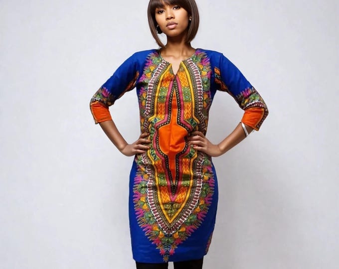 XS. Dashiki style african print dress. Fully lined party or casual wear. Blue dashiki wax fabric. Cotton. Made in Ghana.