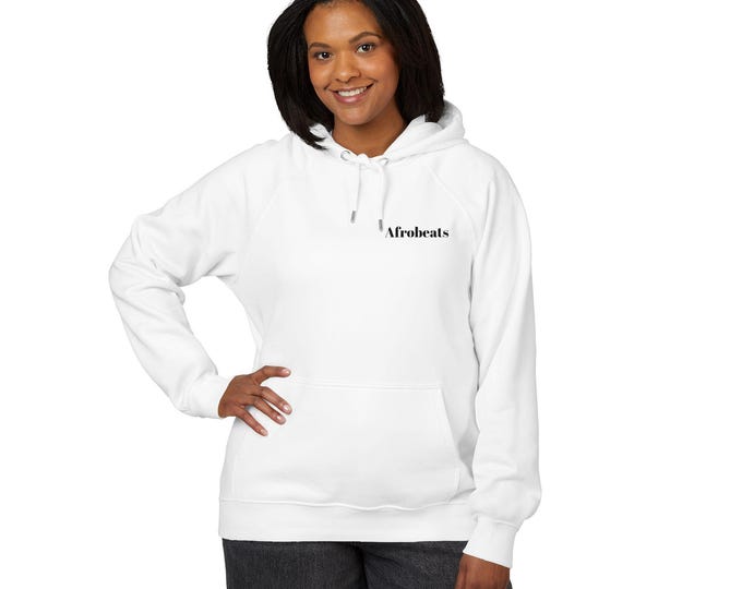 Embroidered Organic Cotton Raglan Hoodie with Minimalist Afrobeats Design. Urban & Lounge Wear Unisex Eco Fashion. Design by TheTextStyle