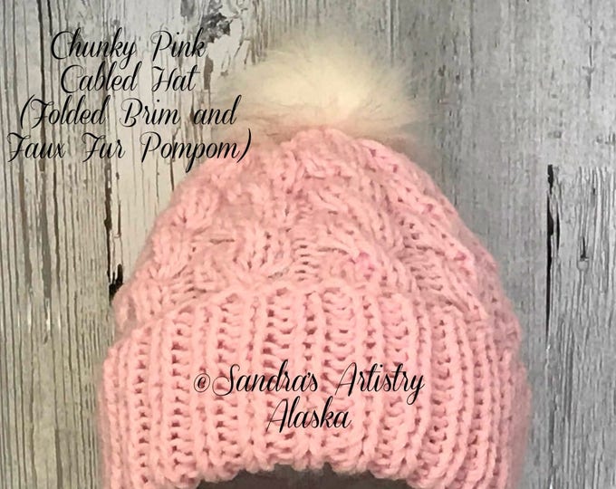 Chunky Pink Cabled Hat (Folded Brim and Faux Fur Pompom)