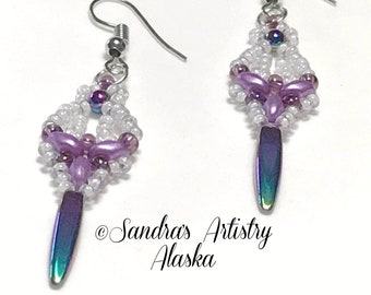 Beaded Earrings in Hematite-Lavender-White