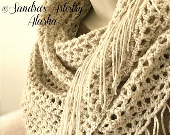 Tan Lace Fringed Boho Chic Shawl (50"L x 24 Deep")