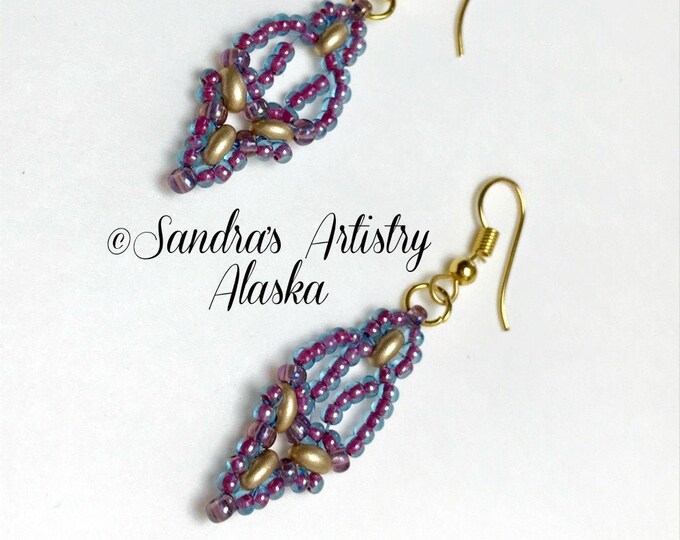 Beaded Earrings in Blue-Red=Purple-Gold