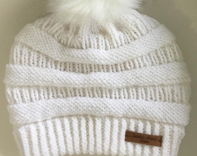 CC Hat-White slighly slouchy with Faux Fur Ball (Knit)-Adult Size