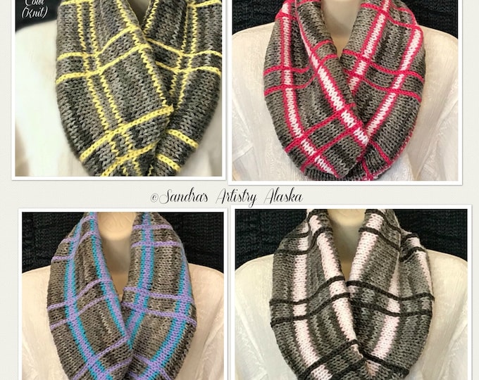 Plaid Knit Infinity Cowl-Gray with Stripes: (Available in 4 Color Variations) suitable for all Seasons