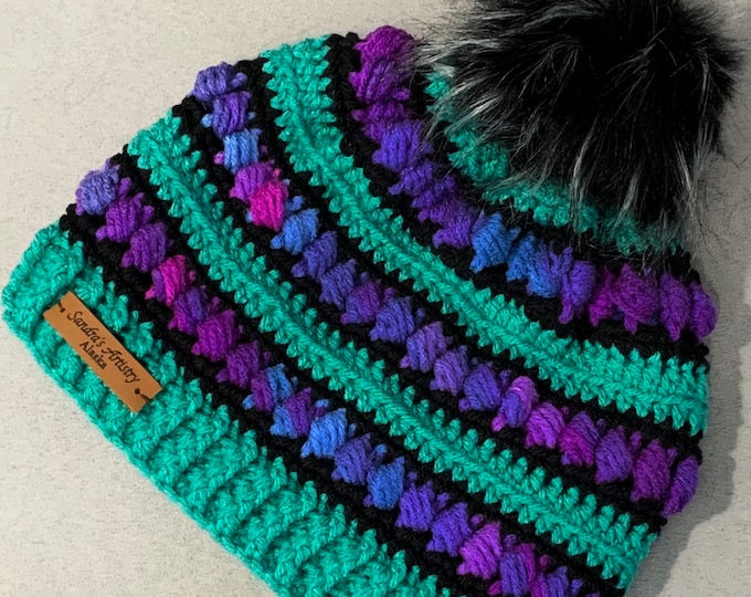 Jadeite-Jewel Tones-Black Hat/Beanie with Faux Fur Pom