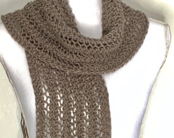 Lacy Taupe Fringed Scarf-Handmade Knit Designed (68”Lx7”W)